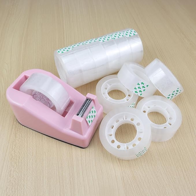 Desktop Tape Dispenser,1 Pack Pink Tape Dispensers with 12Rolls Transparent Tape, for Packaging in Office,Restaurant, Flower Shop,Cake Shop (Pink)