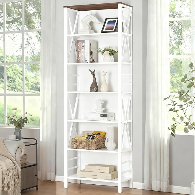HOMISSUE Bookshelf, 7-Tier Bookshelf, Rustic Wood Metal Bookshelves and Bookcases, Freestanding Open Bookshelf, Industrial Tall Bookcase for Home Office, Living Room and Bedroom, White