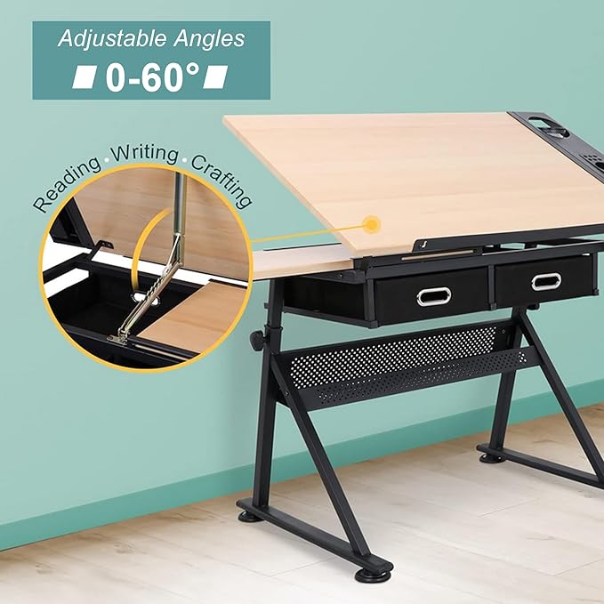 ZENY Drafting Table Art Desk Drawing Table Height Adjustable Artist Table with Tilted Tabletop, Drafting Stool and Storage Drawer for Reading, Writing, Crafting, Painting Art