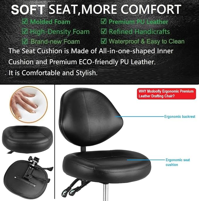 Rolling Drafting Chair with Back Support - Tall Office Chair for Standing Desk Adjustable Foot Ring Swivel Rolling Stools for Workshop Art Studio Salon Shop Counter Home Office (Black)