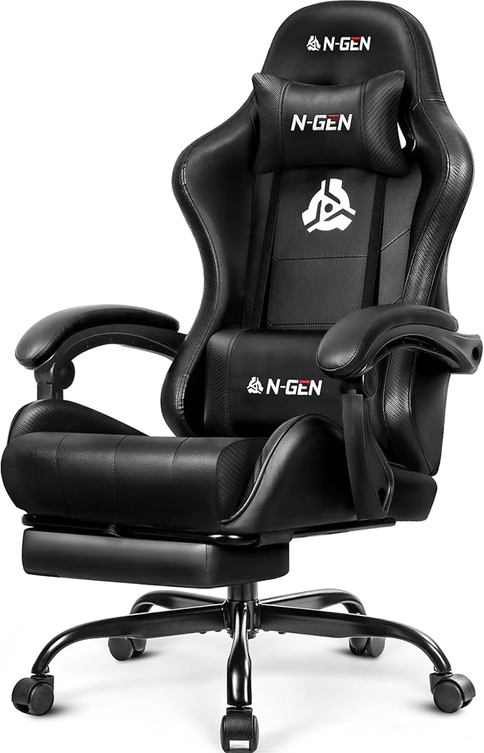 NEO CHAIR Video Gaming Chair with Footrest High Back Ergonomic Comfortable Office Computer Desk with Lumbar Support Height Adjustable with PU Leather Recliner for Adults Women Men (Black)