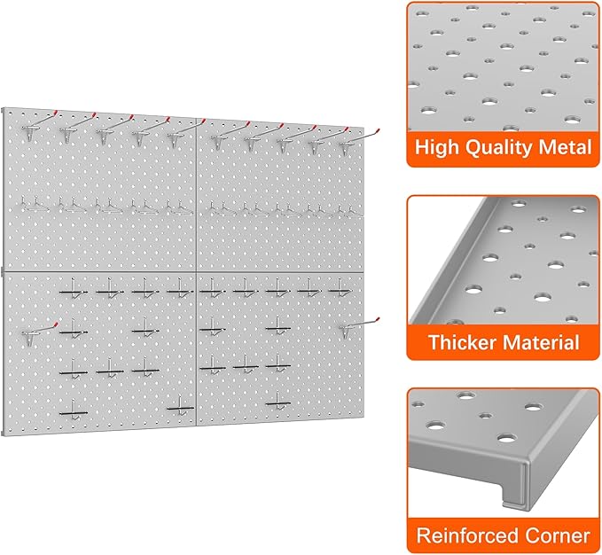 TORACK 4 PCS 12"x16" Metal Pegboard Panels for Garage, Workbench, Shop, Tool Organizer Peg Board with 1/8" & 1/4" Holes, Modular Wall-Mounted Pegboard for Pegboard Hooks (Grey)