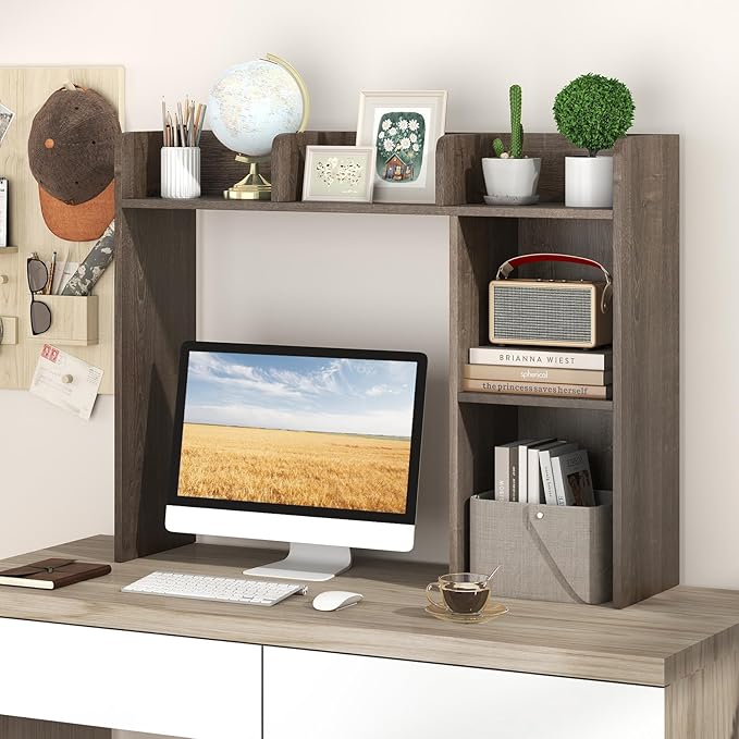 Desktop Bookshelf, 3-Tier Desk Hutch Shelf with 5 Display Rack for Computer Desk, Desk Organizer Shelves for Top of Desk, Dorm, Home, Office (Grey)