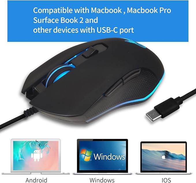 IULONEE USB Type C Wired Mouse,Silent Computer Mouse Optical Gaming Mice Ergonomic 7 LED Backlight 2400 DPI 6 Buttons for Office Home Windows PC,Laptop,Desktop,Notebook,MacBook (Type-C Black)