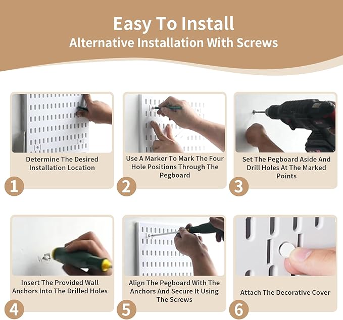 LBW Pegboard Wall Organizer, 6-Pack 11.8" × 11.8" White ABS Peg Board Panels with 27 Accessories, Modular Plastic Pegboard Combination Kit for Home, Office, Garage, Tool Storage & Craft Room