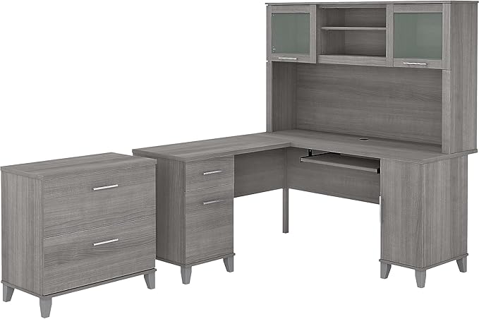 Bush Furniture Somerset 60W L Shaped Desk with Hutch and Lateral File Cabinet in Platinum Gray