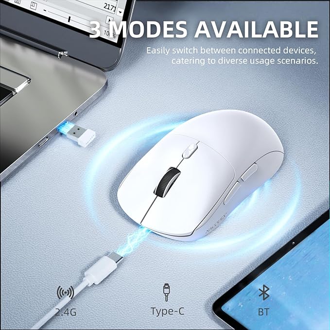 A.JAZZ NJ07 Wireless Mouse,67g Ultra-Lightweight,3-Mode 2.4G/Bluetooth/USB-C, 6 Adjustable DPI up to 12800, 1000Hz Optical Sensor, Ergonomic Design Long Battery Life, Compatible with PC & Mac-White