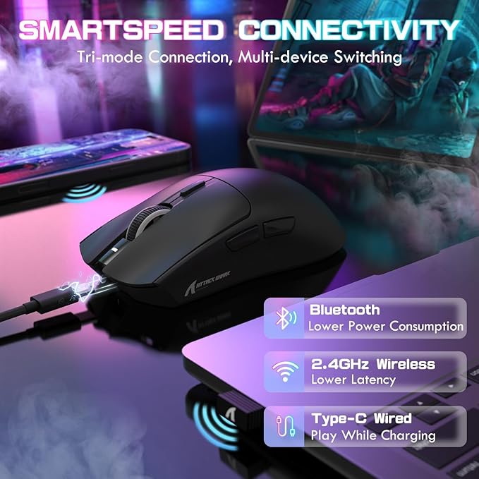 ATTACK SHARK X1 Ultralight Wireless Gaming Mouse with Magnetic RGB Charging Dock,PixArt PAW3395 Pro Sensor,40000DPI,BT/2.4Ghz/Wired,1K Polling,Optical Micro Switch,Web Driver for PC Mac Gamer(Black)