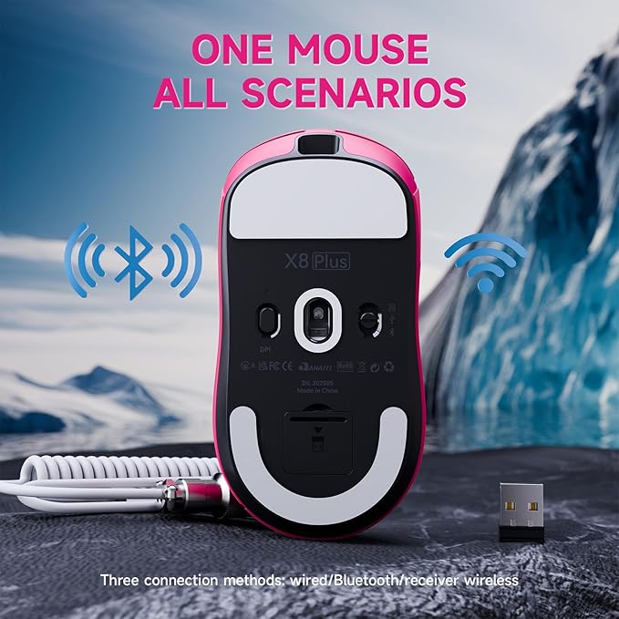 ATTACK SHARK X8Plus 55g Superlight Wireless Gaming Mouse with 40K DPI,PAW 3395PRO Sensor, Broadcom BK52820 Chip,HUANO Switch,Web Driver,Tri-Mode Fit Large Hand Mice with RGB Cable -Berry Red&Sticker