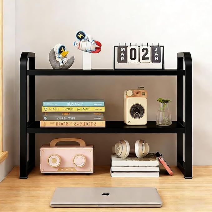 Hbluefat Desktop Organizer Shelf, 2-Tier Adjustable Desk Bookshelf, Tabletop Small Wood Bookcase, Multipurpose Display Storage Rack for Home Office (Black+Black)