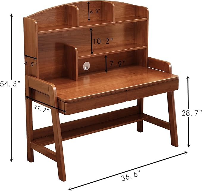 Kids Desk＆Table Wooden Children’s Study Desk with Bookshelf＆Two Drawers Children Study＆Writing＆Computer＆Workstation for 3 and Above(Brown