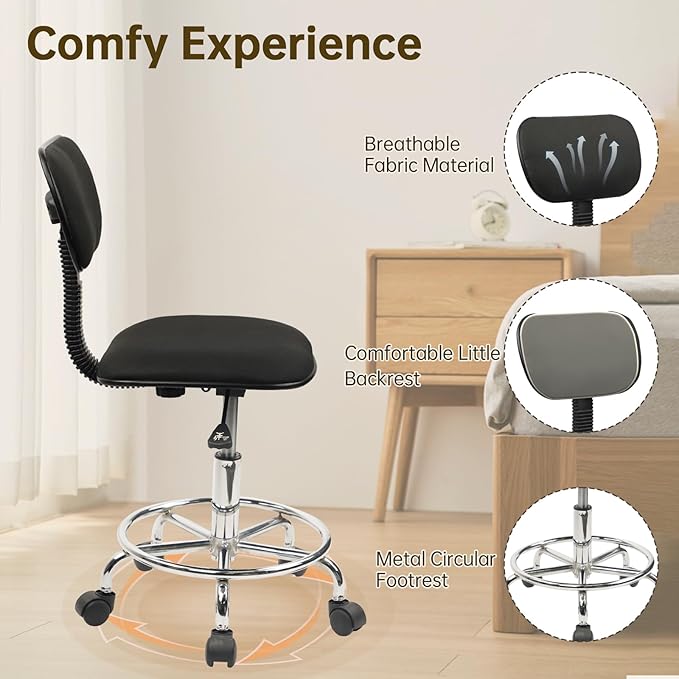 KLASIKA Low Wide Rolling Swivel Stool with Backrest, Adjustable Height Salon Chair Stools with Footrest for Spa Tattoo Office Desk Massage Task Lash Barber Facial, Black 2PK