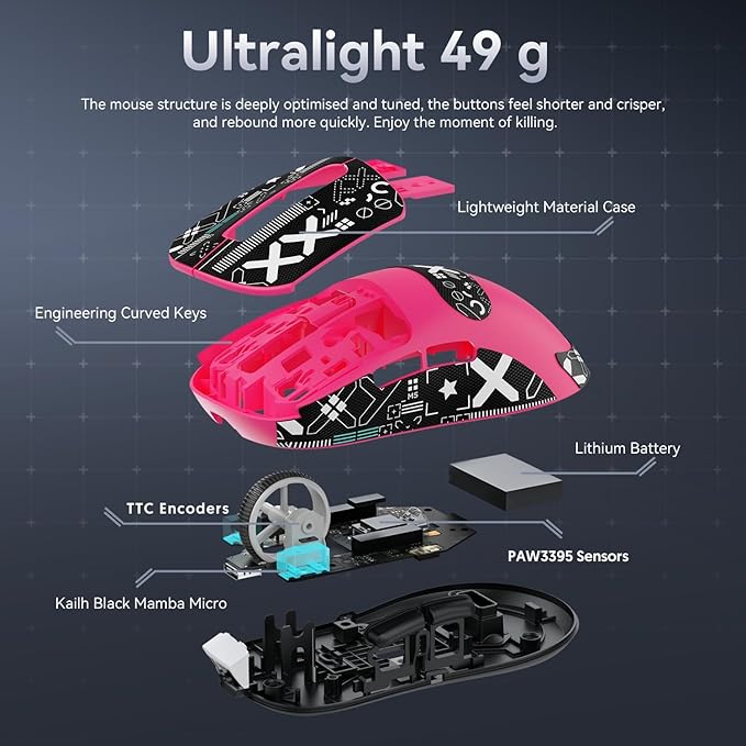 Attack Shark X3 Wireless Gaming Mouse, 49g Ultralight, PixArt PAW3395 26000 DPI, Bluetooth/2.4Ghz /Wired Tri-Mode, 200Hrs Rechargeable Battery, Kailh GM8.0 Switch for PC/MAC/Win - Rose Red&Tape