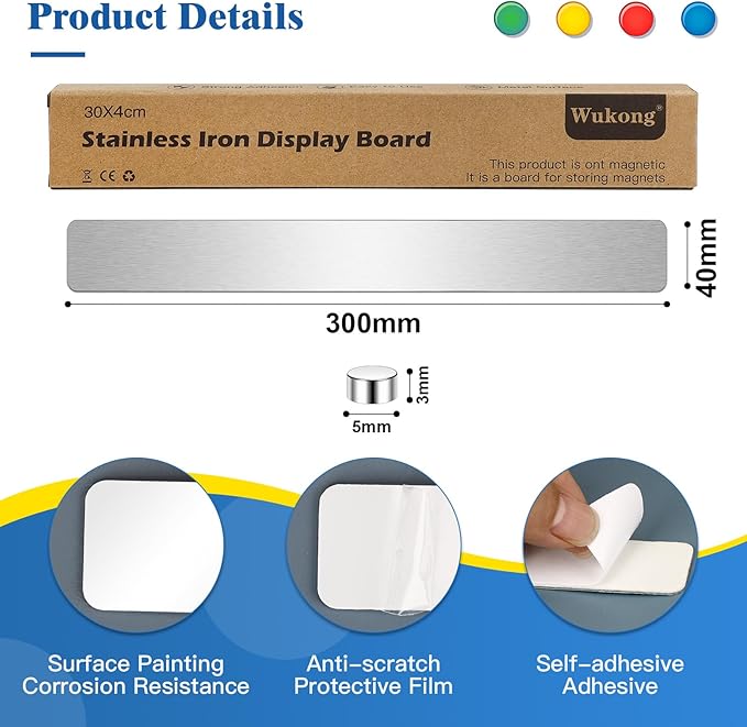 Wukong 5 Pack | 30x4cm (11.81 x 1.57) Magnetic Stainless Silver Board Strips, Adhesive Backing Bulletin Bar, Memo Strip with 30pcs 5x3mm Magnets for Office, Home, Photo Wall, Documents