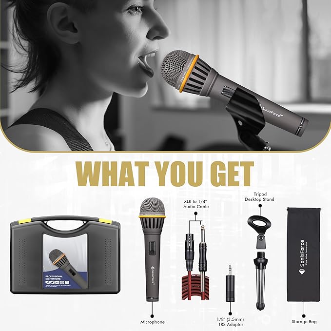 Dynamic Microphone - Professional Vocal Microphone for Singing - Handheld Wired Microphone with 16ft XLR to 1/4" Audio Cable - Mic for Speaking, Karaoke & Living Stage (Matte Grey)