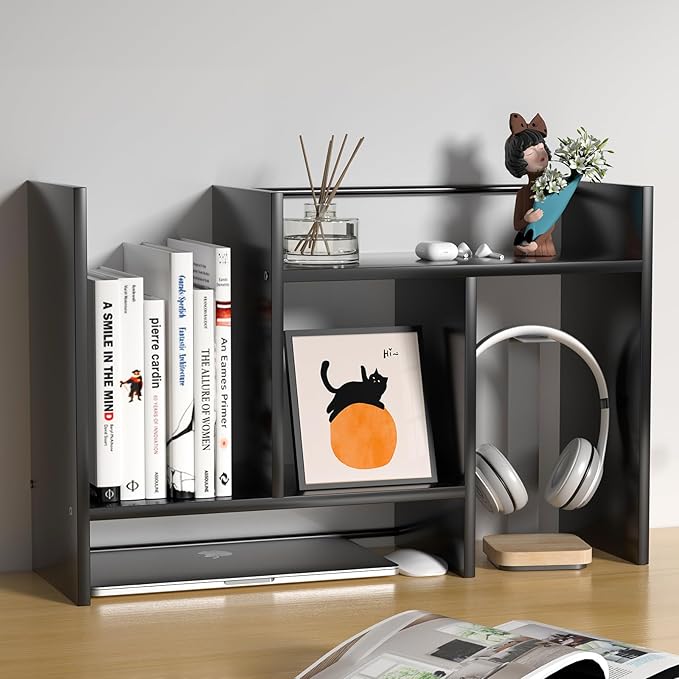 Desk Shelves Wood Desktop Orgnizer Shelf.Office Organization for Top of Desk Organizers and Accessories Bookshelf Shelving,Adjustable Tier H-Shape Mini Bookcase(Black)