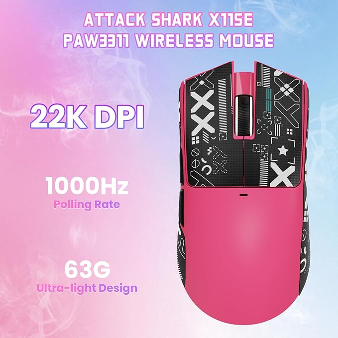 ATTACK SHARK X11SE Lightweight Wireless Gaming Mouse, 59g Tri-Mode BT/2.4G Wireless/Wired Gaming Mouse, PixArt PAW3311 Gaming Sensor, 22000 DPI, Office Mice with Tape for PC/Xbox/Win/Mac(Magenta)