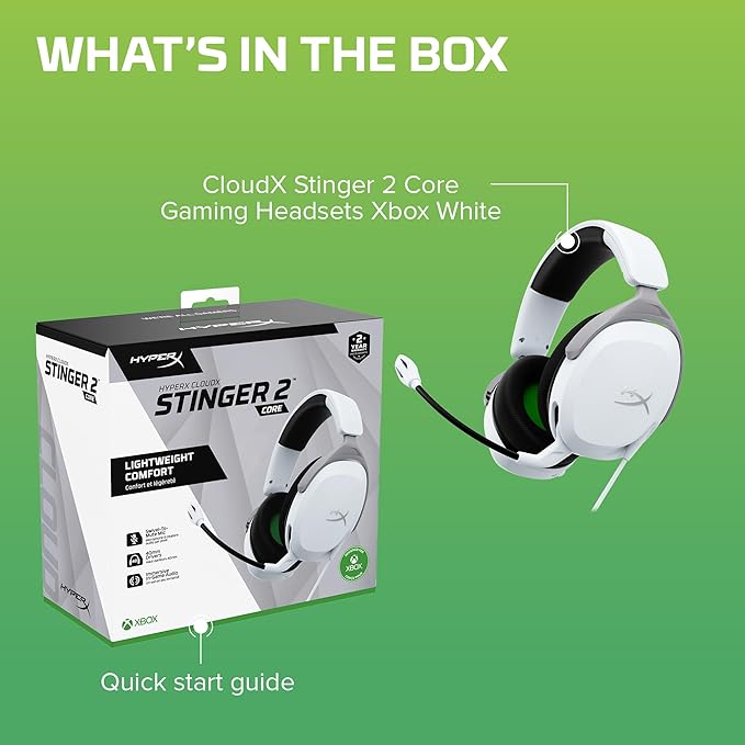 HyperX CloudX Stinger 2 Core - Gaming Headset for Xbox, Lightweight Over-Ear headsets with mic, Swivel-to-Mute Function, 40mm Drivers - White