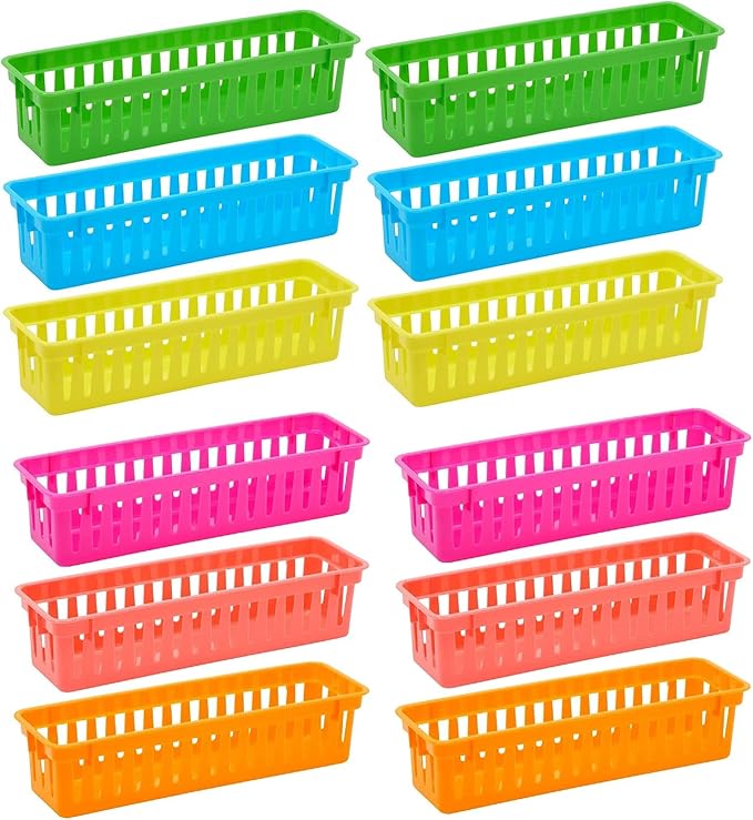 RAUVOLFIA 12 Pack Classroom Pencil Organizer Pencil Basket or Crayon Basket, Small Pencil Holder Tray for Kids Desks (Multi-colored)