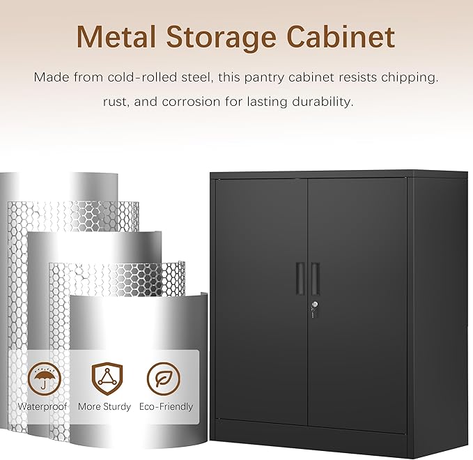 Metal Storage Cabinet, 36" H Locking Storage Cabinet, Metal Cabinets with Doors and 2 Adjustable Shelves for Home, School, Office, Garage, Black