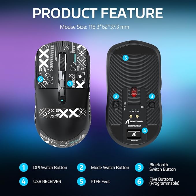 ATTACK SHARK X6 49g Superlight Wireless Gaming Mouse with Magnetic RGB Charging Dock, Ultralight Mice PixArt PAW3395 Sensor, 26000DPI, BT/2.4G/Wired Mouse, Griptape, 200Hrs Battery for Win/Mac