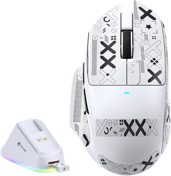MAMBASNAKE×Attack Shark V6 65g Lightweight RGB Gaming Mouse with Magnetic Charging Dock, BT/2.4G Wireless/Wired 1K Polling Rate, 25K DPI, Programmable Mice for PC/Mac/Laptop(White&Stickers)