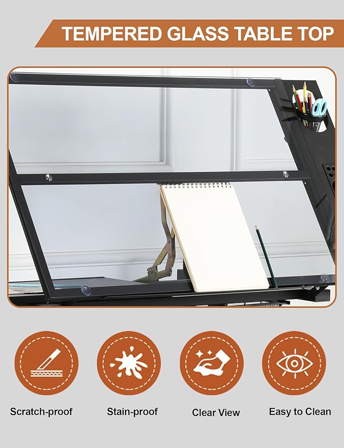Adjustable Drawing Table for Artists | Drafting Desk with Tilted Glass Top | Art & Craft Table for Adults (Black, Premium Solid Limited Edition-29.52''- 41.33'' H)