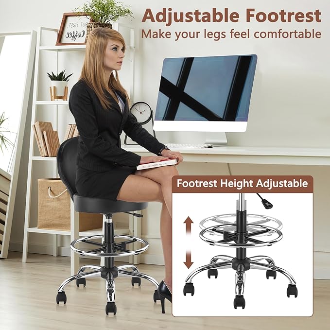 KLASIKA PVC Faux Leather Drafting Chair Rolling Swivel Salon Stool Seat Adjustable Height 30 Inch with Back Support Foot Rest Hydraulic Wide Seat Diameter 15 in for Tattoo Beauty Barber Lash