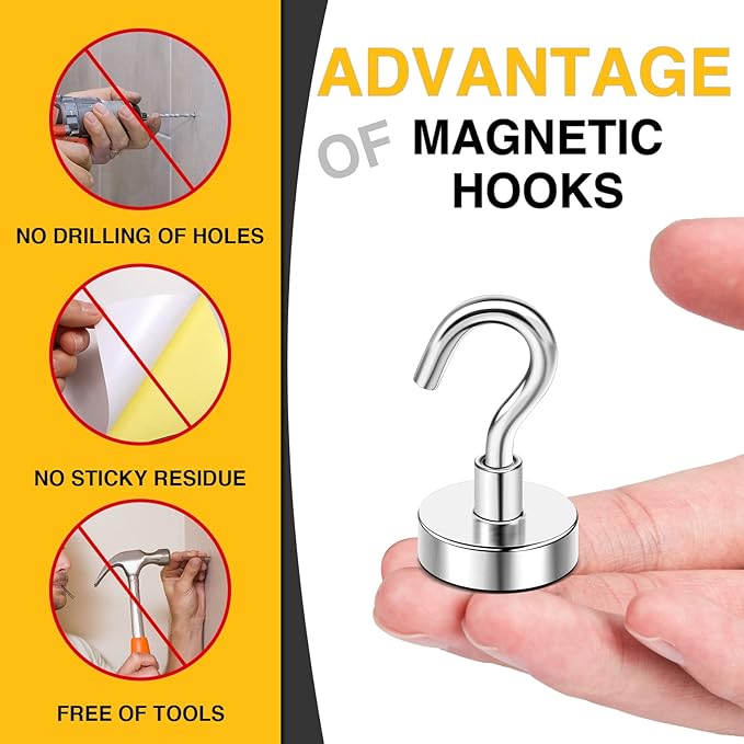 DIYMAG Magnetic Hooks for Cruise Cabins, 10 Pack 30lbs 2026 Ship Essentials N52 Magnet Hook Heavy Duty Strong Magnets Fridge for Hanging Cubicle Accessories Classroom Beach Kitchen Grills Silver
