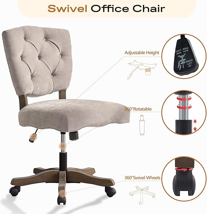 HUIMO Upholstered Swivel Desk Chair Chenille Tufted Fabric Home Office Chair with Wheels Adjustable Height Classic Task Chair with Wooden Legs Comfortable Armless Chair for Studio Study (Brown)