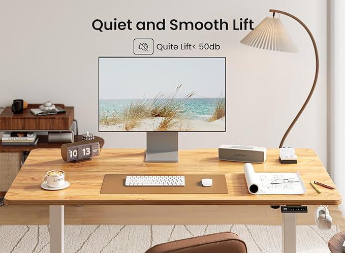BANTI 63 × 28 Inches Standing Desk, Ergonomic, Electric Height Adjustable, Sit and Stand Up, Computer Desk with a Deeper Desktop, White Frame/Light Rustic Top