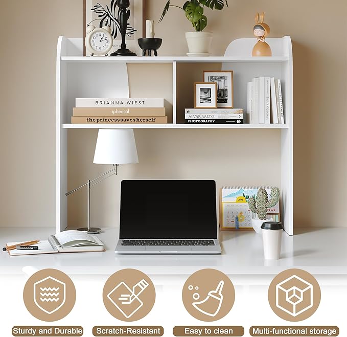 Wooden Desktop Bookshelf 37”,3-Tier Rounded-Edge Desk Storage Organizer,Space-Saving Countertop Shelf for Office Dorm Home,White