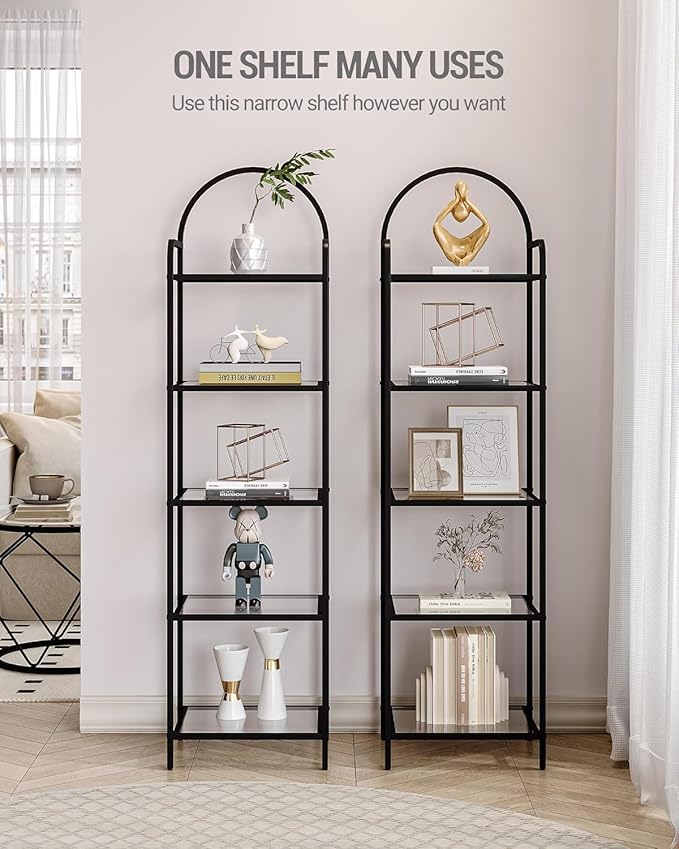 Hzuaneri Bookcase Bookshelf, Tempered Glass Bookshelves, Slim Shelving Unit for Bedroom, Bathroom, Home Office, Steel Frame, 5 Tier Black BC05001B