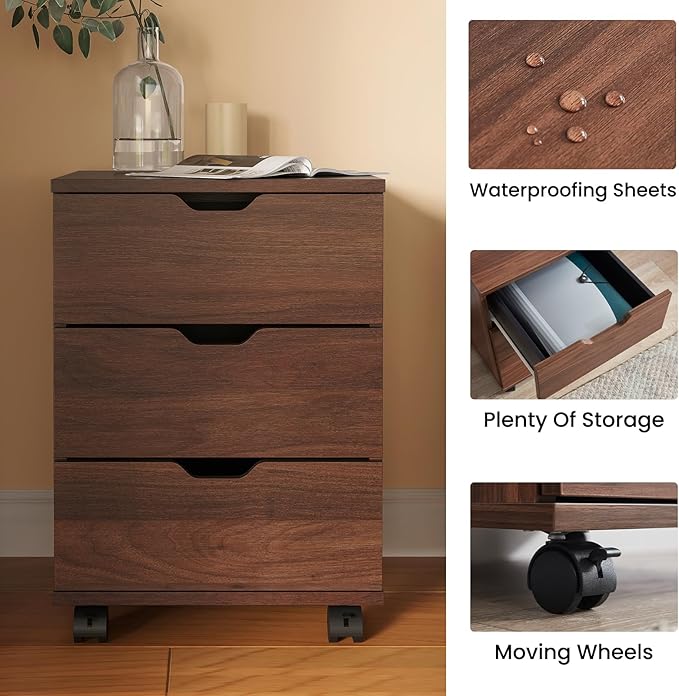 Farini Wood File Cabinet for Home Office,Under Desk 3 Drawer Mobile File Cabinet(Brown,Fully-Assembled)