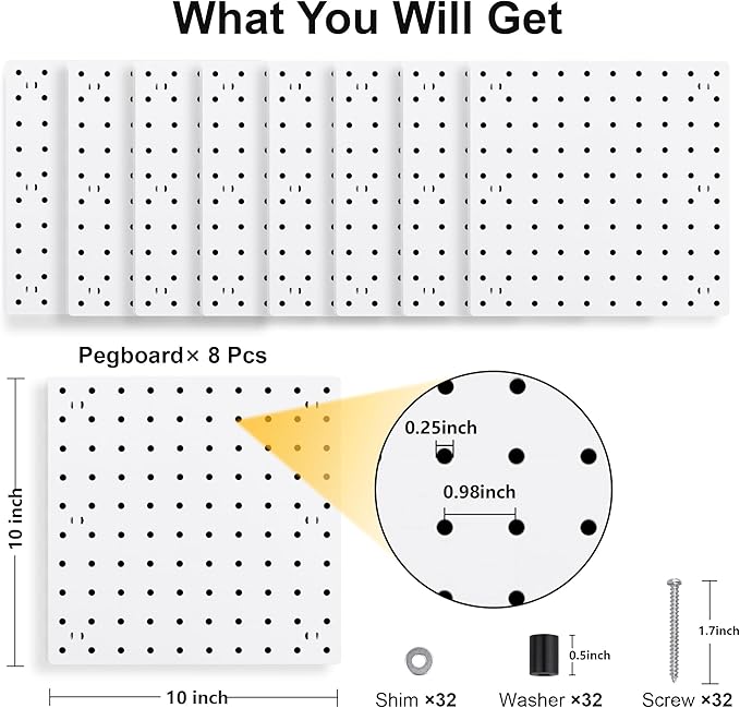 8PCS Pegboard Wall Organizer Panels, White Pegboard Wall Mount for Craft Room, Garage, Kitchen, Living Room, Bathroom, and Study Room, Peg Boards for Walls Easy to Install