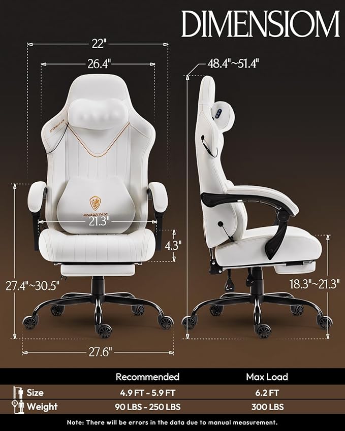 Dowinx Gaming Video Gaming Chair with Shiatsu Neck Massager and Lumbar Support for Home Office High Back Recliner Height Adjustable Ergonomic Comfy Leather Computer Desk Chair (Lvory)