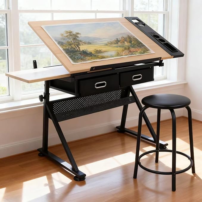 ZENY Drafting Table Art Desk Drawing Table Height Adjustable Artist Table with Tilted Tabletop, Drafting Stool and Storage Drawer for Reading, Writing, Crafting, Painting Art