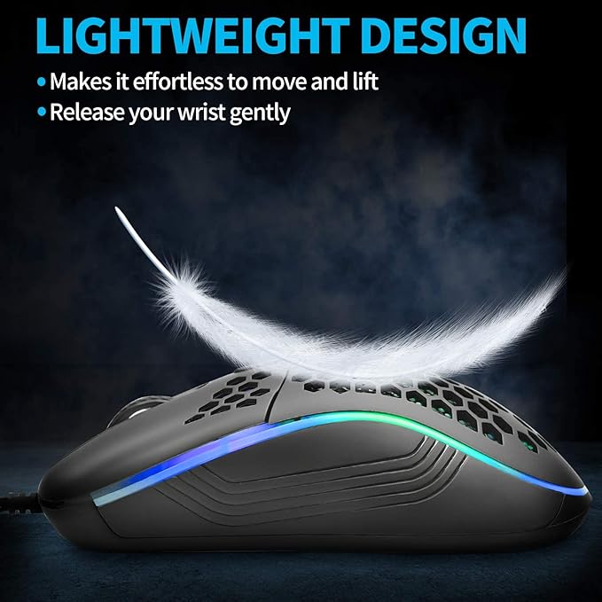 Techsea Honeycomb Wired Gaming Mouse with RGB On/Off Switch, 7200 Adjustable DPI, Ergonomic Lightweight Design & High Precision Sensor for PC/Mac Gamers (Black)