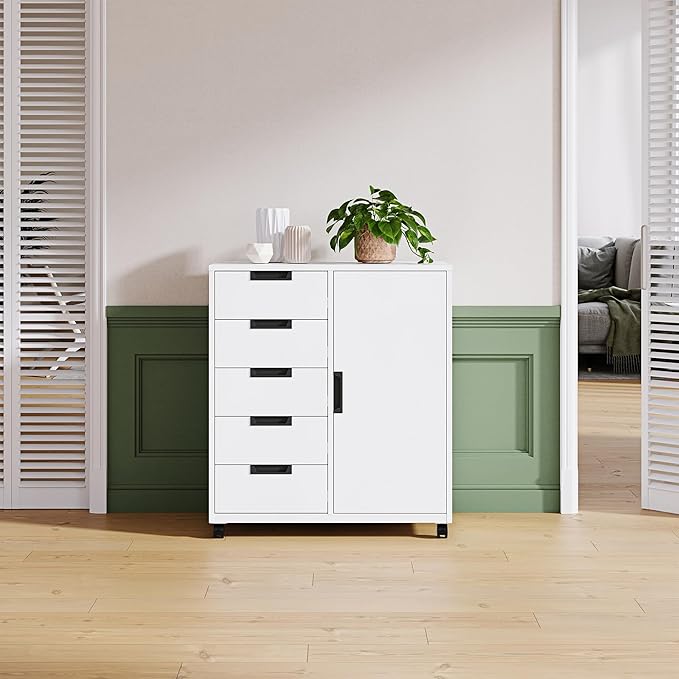 Letaya 5 Drawer Storage Cabinet, Mobile Printer Stand for Home Office,Dresser Chest with Shelves and Door(White)