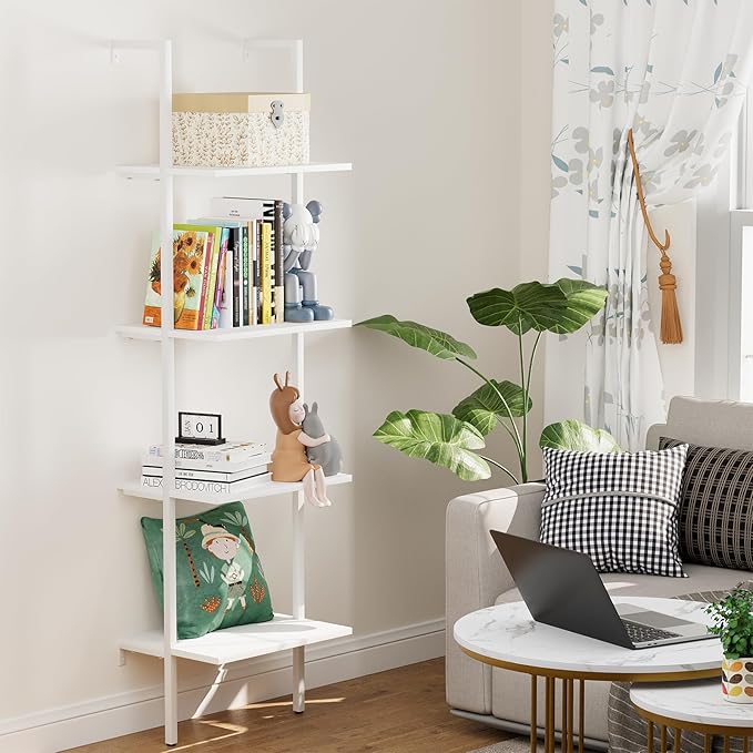 Wolawu Ladder Shelf 4 Tiers Metal Industrial Bookshelf,White Wooden Tall Open Storage Rack and Display Shelves,Wall Mount Wide Bookcase for Home Office Bedroom,Small