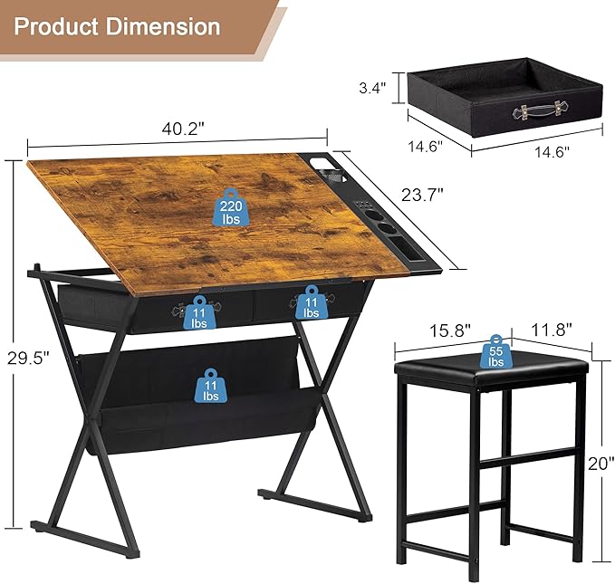 VECELO Drafting Table Art Desk Art Table Adjustable Drawing Table Tilted Tabletop with 2 Storage Drawers and Stool, Drawing Desk for Artist Painters Drawing, Crafting, Reading, Writing, Rustic Brown