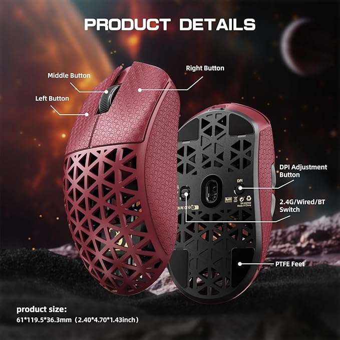 MAMBASNAKE M5 Ultra Carbon Fiber 8000Hz Wireless Gaming Mouse, 39g Superlight, 42000DPI, PAW3950MAX Sensor, Nordic 52840 MCU Chip, Bluetooth/2.4G/USB-C Wired Mice with Coiled Cable for PC/Mac (White)