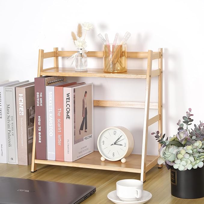 2-Tier Ladder Desktop Bookshelf, 15.75" Wide Wooden Countertop Storage Hutch for Office, Dorm and Home, Desk Organizer for Books and Decor
