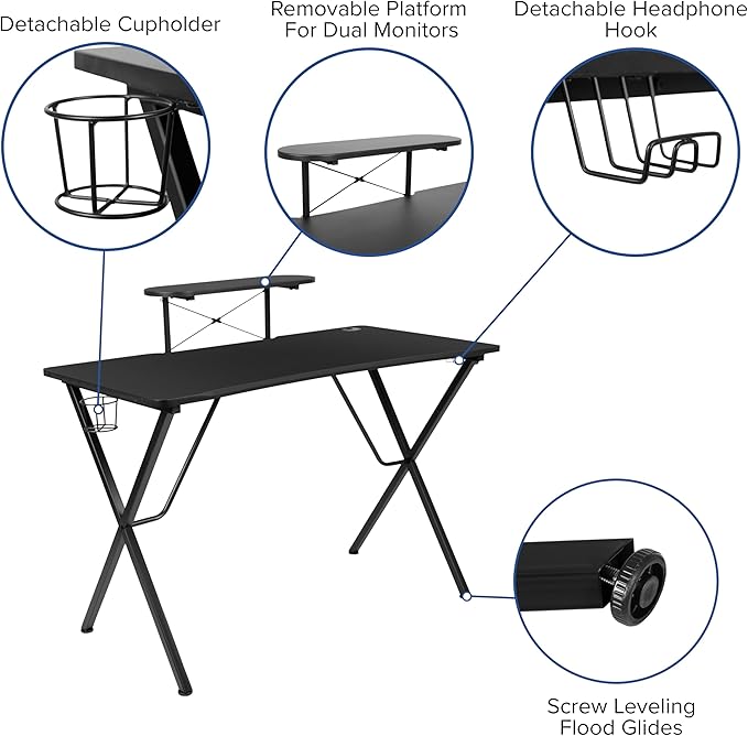 EMMA + OLIVER Black/Gray Gaming Desk Set with Headphone Hook, and Monitor Stand