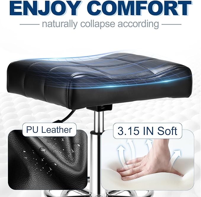 Square Salon Rolling Stool - 300lbs Weight Capacity，Adjustable Swivel Stool with Wheel，Pu Leahter Comfortable Cutting Stools for Salon Tattoo Stylist Massage Perfect for Work SPA (Black)