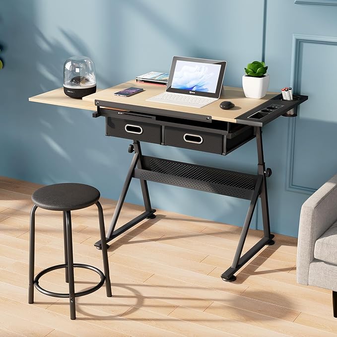 OS MOTOR Adjustable Height Drafting Table with Wood Top, Art Craft Desk with Slide-Out Drawers, Storage, for Drawing, Writing, Painting, and Creative Tasks, Ideal for Home Office, Natural