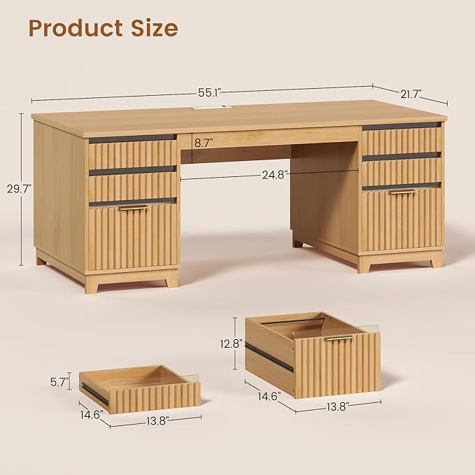 SEDETA 55.1" Fluted Office Desk with 6 Drawers, Modern Executive Desk with Acrylic File Drawers, Computer Desk with Power outlets for Home Office and Study, Natrual