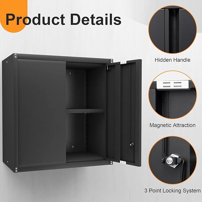 Metal Wall Cabinet, Steel Cabinet Wall Mounted, Lockable Storege Cabinet with Doors and Shelves, Upper Cabinets for Home Office, Pantry, Garage, Black
