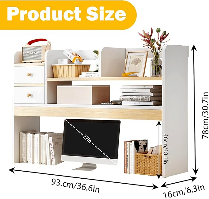 Desktop Bookshelf, Countertop Storage Hutch with 4 Shelves for Computer Desk,Wooden Desktop Hutch Bookshelf,Computer Bookcase for Dorm Office Home(White)
