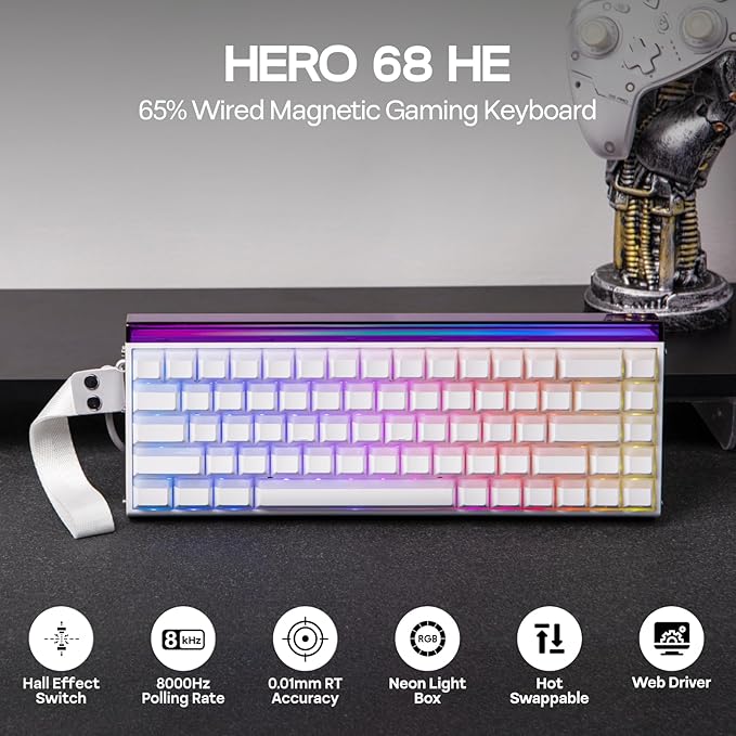 EPOMAKER Aula Hero 68 HE Wired Magnetic Gaming Keyboard, 0.01mm Adjustable Actuation, Rapid Hall Effect Switch, 8kHz Polling, 5-Layer Sound Dampening, RGB Box & Backlight (White Lighthouse)